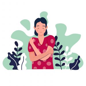 A graphic of a woman hugging herself, representing the self love cultivated through IFS therapy in Phoenix, AZ. Learn more about internal familly systems therapy in Arcadia, AZ and other services by contacting a therapist in Arcadia, AZ today. 